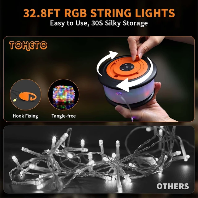 Alt view image 5 of 7 - TOHETO Camping String Lights, 3 in 1 Upgraded Retractable RGB Outdoor String Lights with 19 Lighting Modes,Quick 30s Recovery, 32.8 FT Portable Tent Lights, Rechargeable Camping Lantern (Black&Orange)