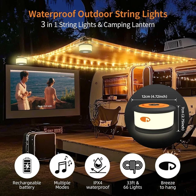 Alt view image 6 of 7 - TOHETO Camping String Lights, 3 in 1 Upgraded Retractable RGB Outdoor String Lights with 19 Lighting Modes,Quick 30s Recovery, 32.8 FT Portable Tent Lights, Rechargeable Camping Lantern (Black&Orange)