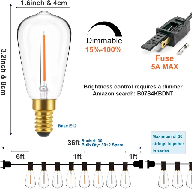 Alt view image 2 of 6 - Outdoor String Lights 36ft with LED Filament Bulbs 30+2(Spare) Dimmable Shatterproof Waterproof, for Indoor/Outdoor Decoration and Lighting, Edison Vintage Style Warm 2200K