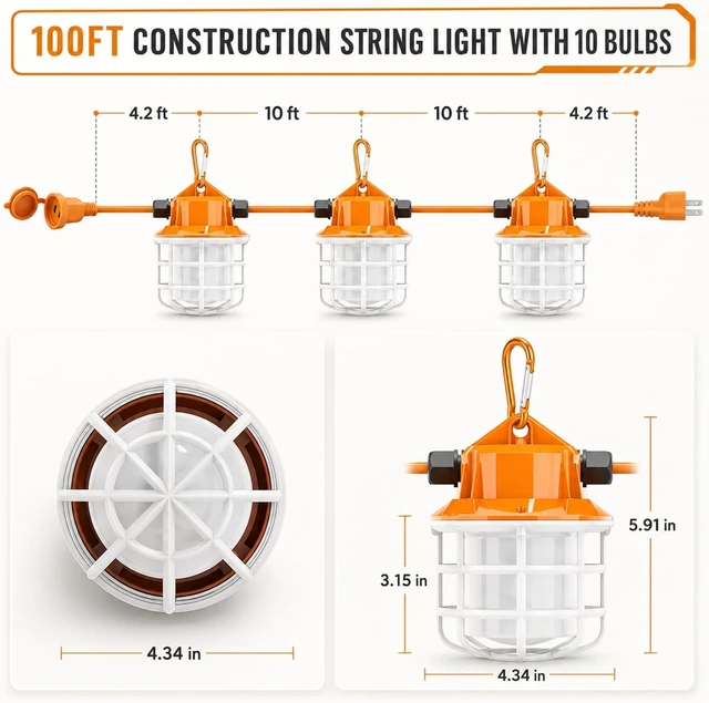 Alt view image 6 of 7 - NS 100FT Construction String Lights 150W LED Industrial Grade 15000LM 5000K IP65 Linkable for Construction Sites, Temporary Work, Renovation, Jobsite,All Outdoor Lighting, with 10 Bulbs and Hook