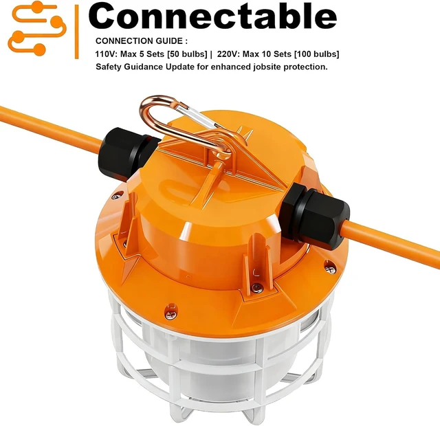 Alt view image 7 of 7 - NS 100FT Construction String Lights 150W LED Industrial Grade 15000LM 5000K IP65 Linkable for Construction Sites, Temporary Work, Renovation, Jobsite,All Outdoor Lighting, with 10 Bulbs and Hook