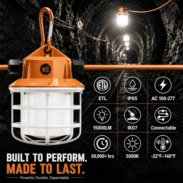 Alt view image 3 of 7 - NS 100FT Construction String Lights 150W LED Industrial Grade 15000LM 5000K IP65 Linkable for Construction Sites, Temporary Work, Renovation, Jobsite,All Outdoor Lighting, with 10 Bulbs and Hook