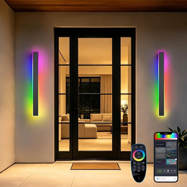 Main image of 2 Pack Outdoor RGB Long Wall Lights,15.7inch Wall Lights RGB/Warm/White Dimmable Modern Led Wall Lighting, Ip65 Waterproof Wall Sconce with Remote APP Control for Outdoor/Indoor Party Gathering