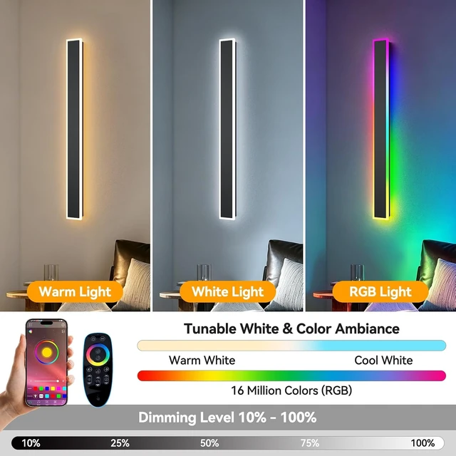 Alt view image 2 of 7 - 2 Pack Outdoor RGB Long Wall Lights,15.7inch Wall Lights RGB/Warm/White Dimmable Modern Led Wall Lighting, Ip65 Waterproof Wall Sconce with Remote APP Control for Outdoor/Indoor Party Gathering