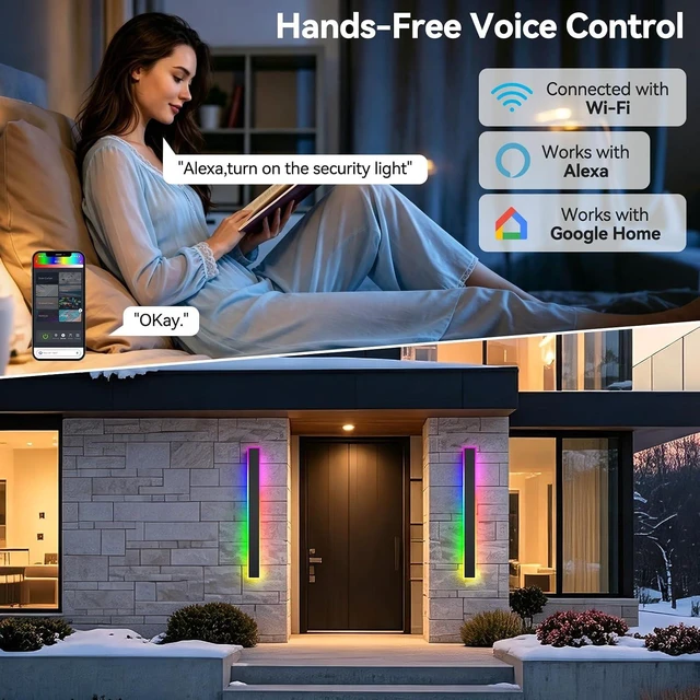 Alt view image 3 of 7 - 2 Pack Outdoor RGB Long Wall Lights,15.7inch Wall Lights RGB/Warm/White Dimmable Modern Led Wall Lighting, Ip65 Waterproof Wall Sconce with Remote APP Control for Outdoor/Indoor Party Gathering