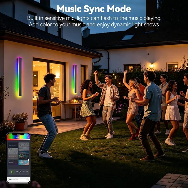 Alt view image 4 of 7 - 2 Pack Outdoor RGB Long Wall Lights,15.7inch Wall Lights RGB/Warm/White Dimmable Modern Led Wall Lighting, Ip65 Waterproof Wall Sconce with Remote APP Control for Outdoor/Indoor Party Gathering
