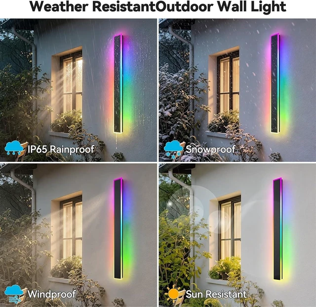 Alt view image 6 of 7 - 2 Pack Outdoor RGB Long Wall Lights,15.7inch Wall Lights RGB/Warm/White Dimmable Modern Led Wall Lighting, Ip65 Waterproof Wall Sconce with Remote APP Control for Outdoor/Indoor Party Gathering