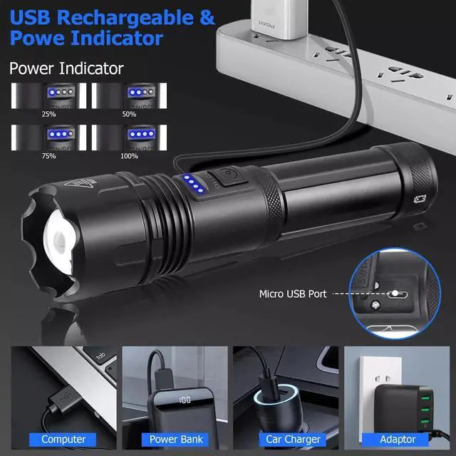 Alt view image 6 of 7 - 1000000 Lumens Super Bright LED Tactical Flashlight Rechargeable LED Work Light