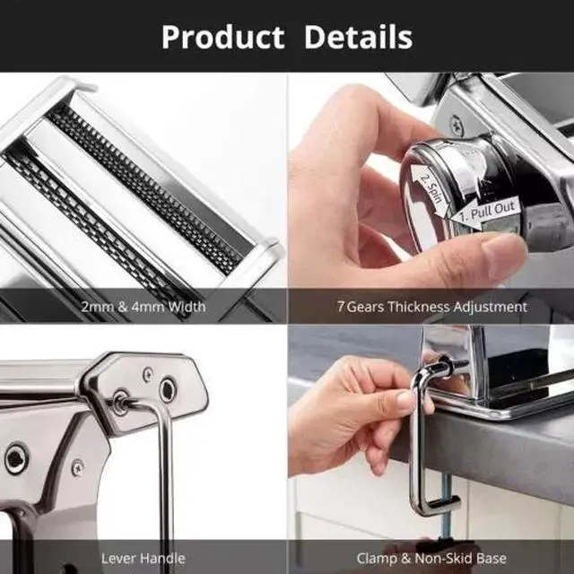Alt view image 2 of 7 - Stainless Steel Fresh Pasta Maker Roller Machine for Spaghetti Noodle Fettuccine