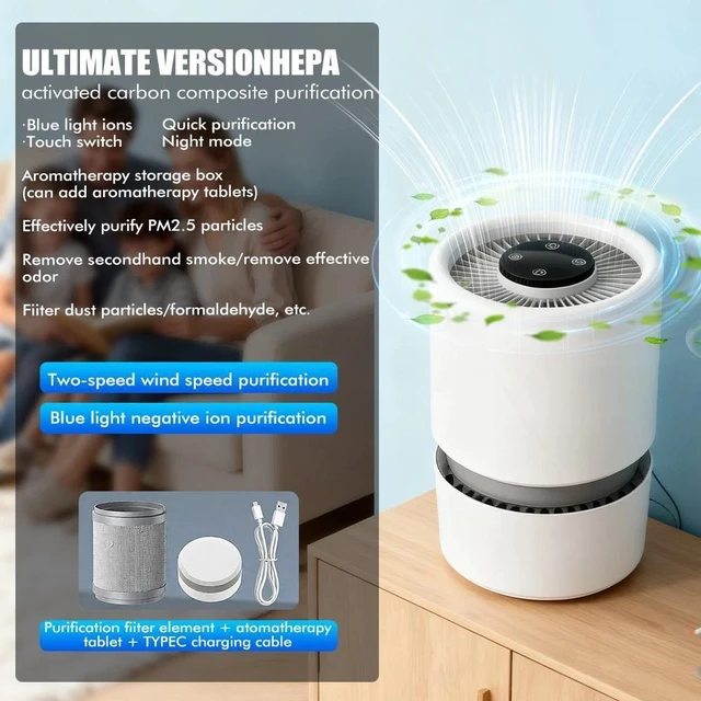 Alt view image 6 of 7 - Desktop Air Purifier HEPA Filter Odor Remove Mini Air Cleaner for Office Bedroom