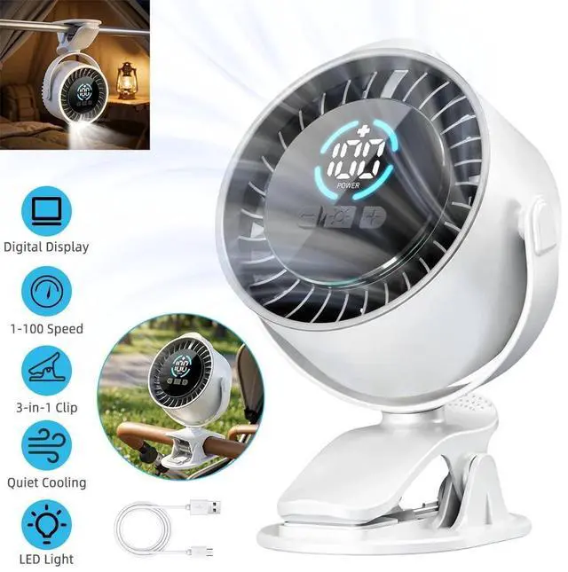Main image of 100 Speed 360° Adjustment Rechargeable Clip On Fan With LED Night Light (WHITE)