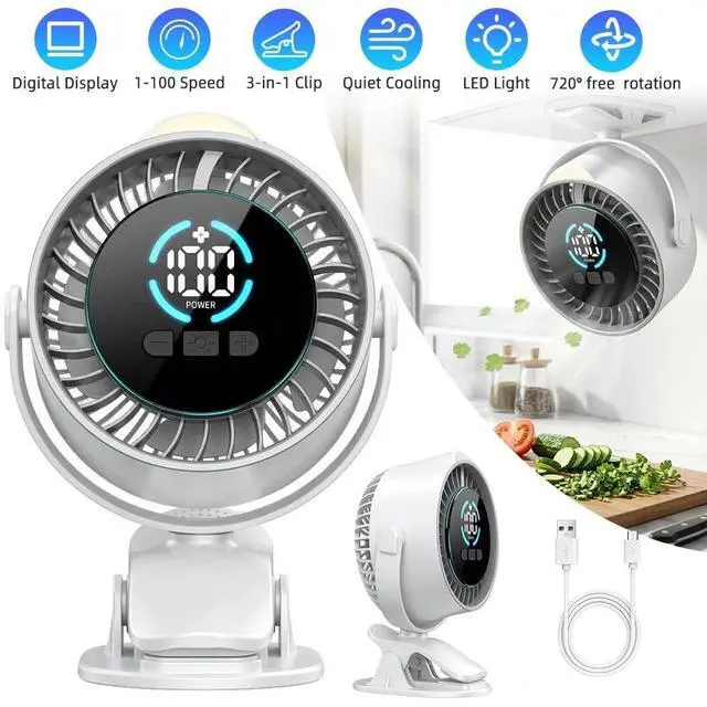 Alt view image 2 of 7 - 100 Speed 360° Adjustment Rechargeable Clip On Fan With LED Night Light (WHITE)