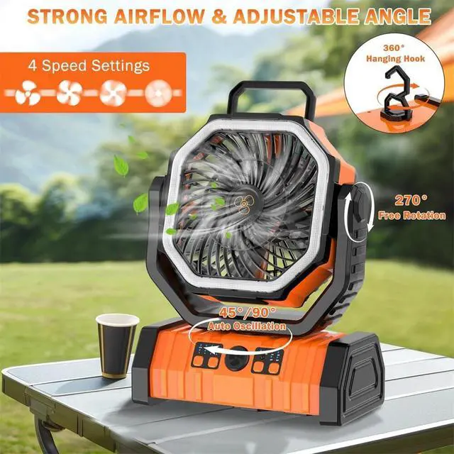 Alt view image 2 of 7 - 20000mAh Camping Fan w/ LED Lantern - Rechargeable Fan, Auto-Oscillating, Remote
