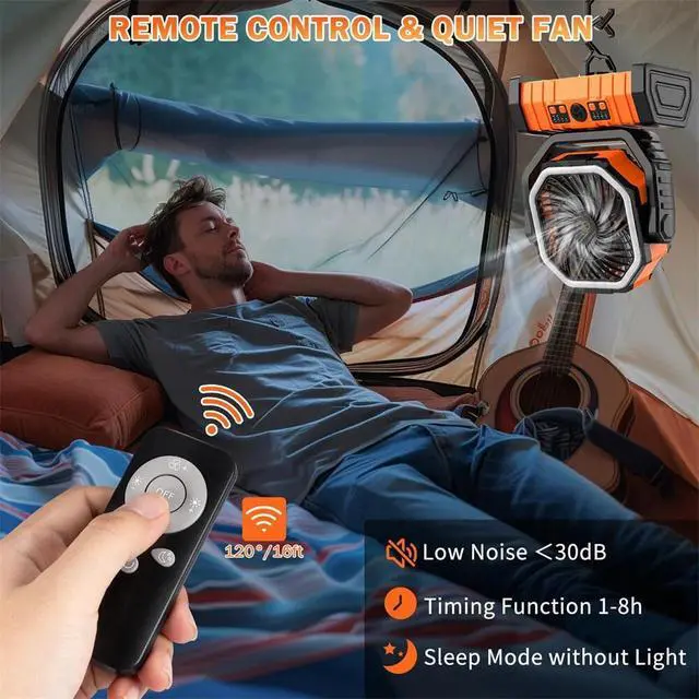 Alt view image 3 of 7 - 20000mAh Camping Fan w/ LED Lantern - Rechargeable Fan, Auto-Oscillating, Remote