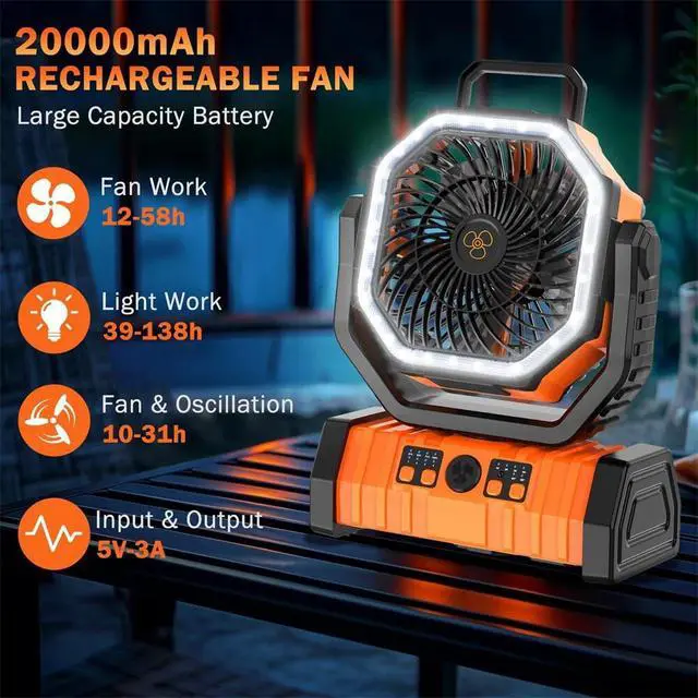 Alt view image 4 of 7 - 20000mAh Camping Fan w/ LED Lantern - Rechargeable Fan, Auto-Oscillating, Remote