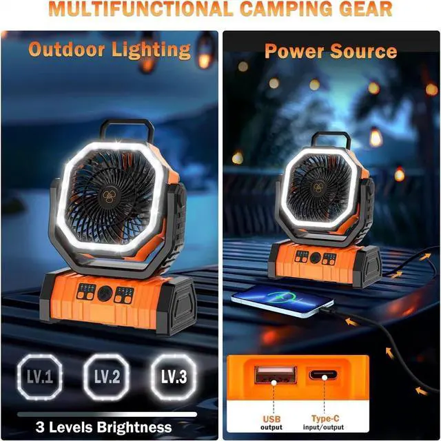 Alt view image 5 of 7 - 20000mAh Camping Fan w/ LED Lantern - Rechargeable Fan, Auto-Oscillating, Remote