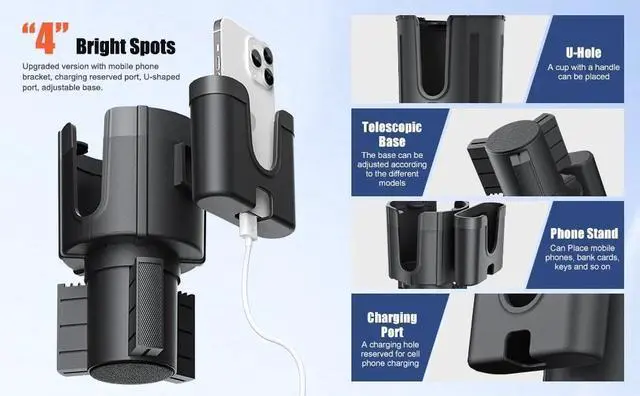 Alt view image 2 of 7 - 2-in-1 Car Cup Holder Expander Adapter with Phone Holder Organizer For Drinks US