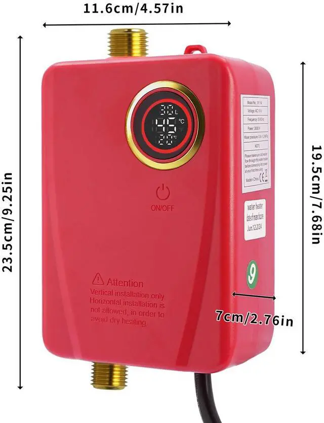 Alt view image 7 of 7 - Electric Tankless Water Heater Portable Instant Hot Shower Kitchen Heater 3000W