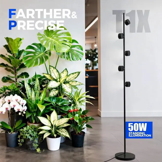 Alt view image 7 of 7 - Barrina T1X5 Floor Grow Lights for Indoor Plants, 50W, 5000K, Full Spectrum, Adjustable 5 Heads, High PPFD, 6FT with Foot Switch, Vertical Plant Lights for Growing