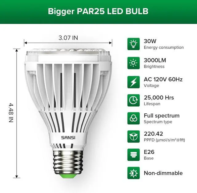 Alt view image 2 of 7 - SANSI 250W Equivalent LED Grow Light Bulb, PAR25 30W 5000K+660nm Full Spectrum Grow Bulb for Indoor Plants, 25,000 Hours Lifespan Plant Lights with E26 Base