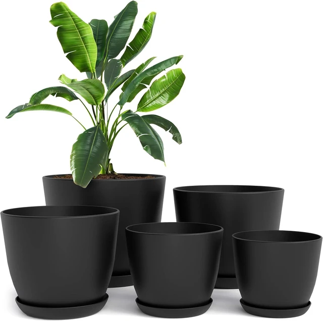 Main image of Plant Pots Indoor with Drainage, 5 Pack Multi-Size Planters Set, Black