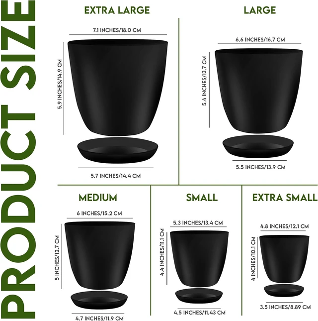 Alt view image 2 of 6 - Plant Pots Indoor with Drainage, 5 Pack Multi-Size Planters Set, Black