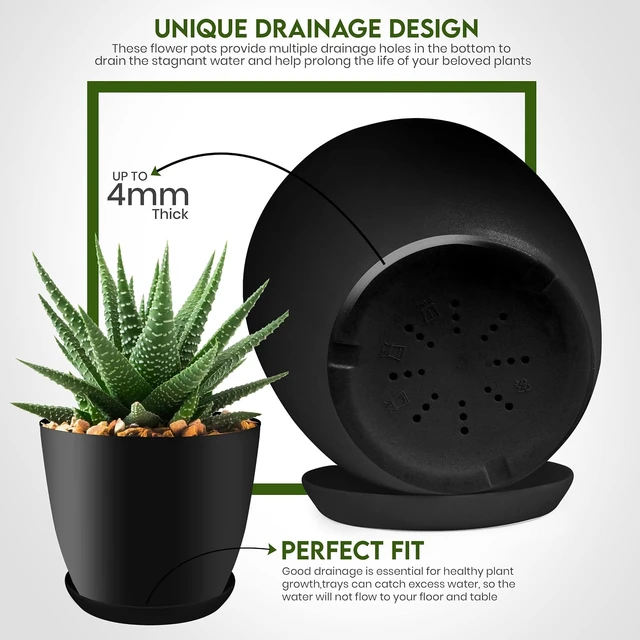 Alt view image 5 of 6 - Plant Pots Indoor with Drainage, 5 Pack Multi-Size Planters Set, Black