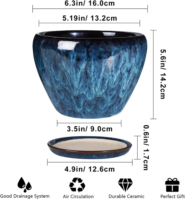 Alt view image 2 of 7 - Ceramic Modern Glaze Succulent Planter Pot with Drainage Hole and Saucer 6 Inch Round Flower Plant Pot for Indoor Outdoor Herb Snake Plants