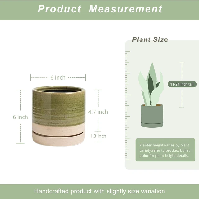 Alt view image 3 of 6 - HERDUK 6 Inch Plant Pots, Ceramic Planter Pot with Drainage Hole & Saucer, Indoor/Outdoor Cylinder Round Planter Pot, Green & Beige