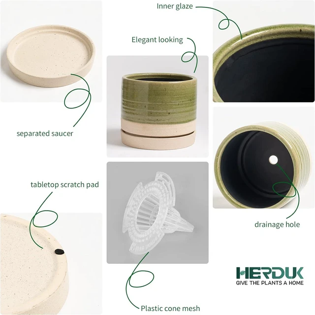 Alt view image 4 of 6 - HERDUK 6 Inch Plant Pots, Ceramic Planter Pot with Drainage Hole & Saucer, Indoor/Outdoor Cylinder Round Planter Pot, Green & Beige