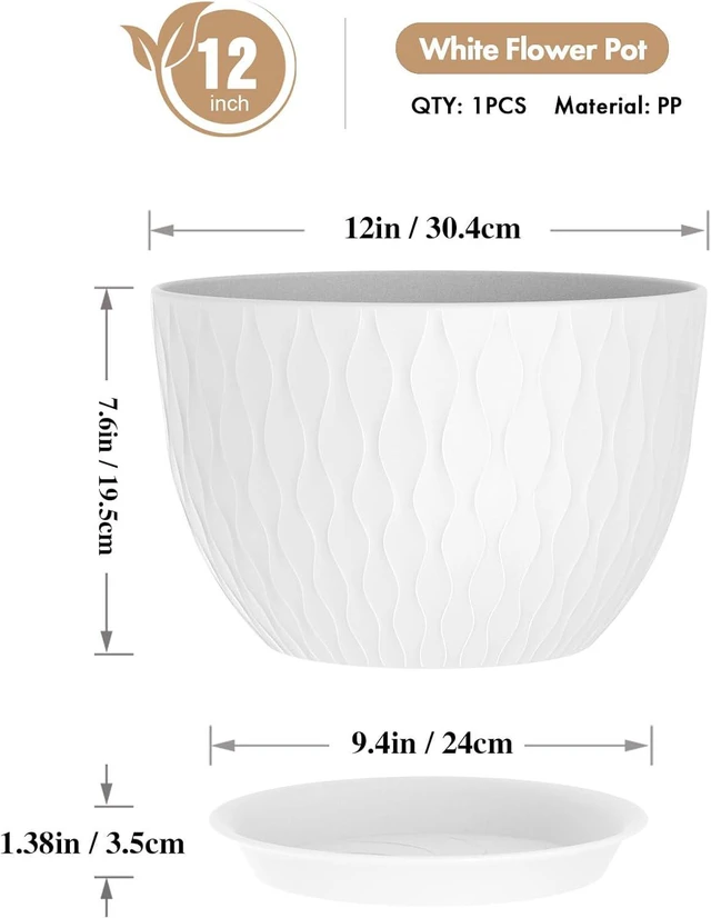 Alt view image 2 of 6 - WSMKSZ 12 Inch Large Plant Pots for Indoor or Outdoor Plants, Wide Water Ripples Flower Pots with Drainage Holes & Saucer, Plastic Planters Set for Garden & Home Decor (White)