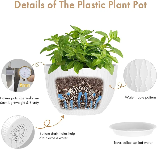Alt view image 3 of 6 - WSMKSZ 12 Inch Large Plant Pots for Indoor or Outdoor Plants, Wide Water Ripples Flower Pots with Drainage Holes & Saucer, Plastic Planters Set for Garden & Home Decor (White)
