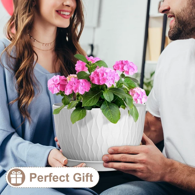 Alt view image 5 of 6 - WSMKSZ 12 Inch Large Plant Pots for Indoor or Outdoor Plants, Wide Water Ripples Flower Pots with Drainage Holes & Saucer, Plastic Planters Set for Garden & Home Decor (White)