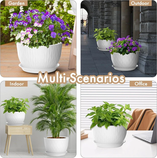Alt view image 6 of 6 - WSMKSZ 12 Inch Large Plant Pots for Indoor or Outdoor Plants, Wide Water Ripples Flower Pots with Drainage Holes & Saucer, Plastic Planters Set for Garden & Home Decor (White)