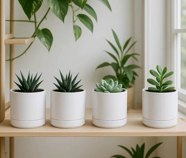 Alt view image 2 of 7 - D'vine Dev 4-Pack Ceramic Pots with Saucers, White, 4.7 in, 94-X-B-1