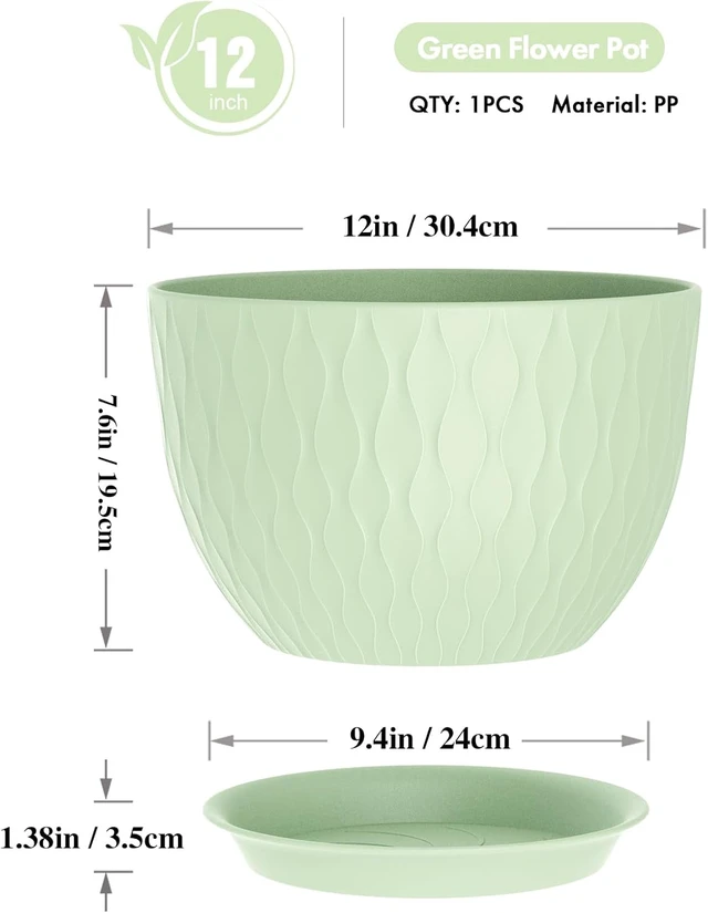 Alt view image 2 of 6 - WSMKSZ 12 Inch Large Plant Pots for Indoor or Outdoor Plants, Wide Water Ripples Flower Pots with Drainage Holes & Saucer, Plastic Planters Set for Garden & Home Decor (Green)