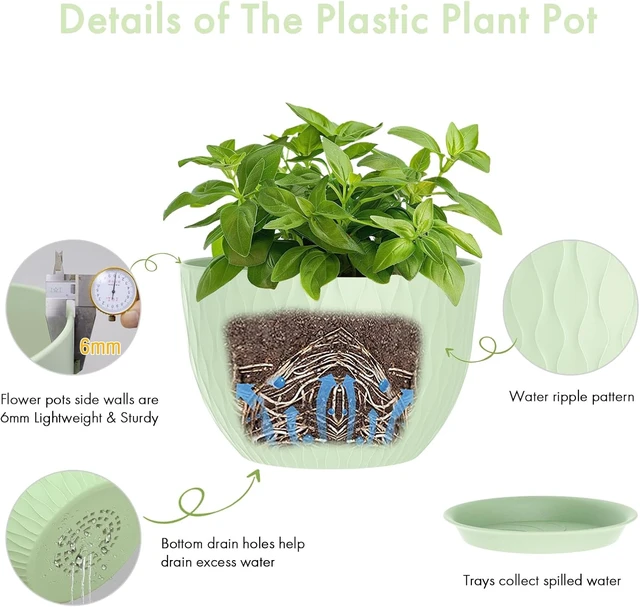 Alt view image 3 of 6 - WSMKSZ 12 Inch Large Plant Pots for Indoor or Outdoor Plants, Wide Water Ripples Flower Pots with Drainage Holes & Saucer, Plastic Planters Set for Garden & Home Decor (Green)