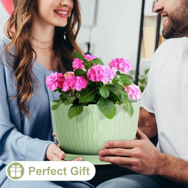 Alt view image 5 of 6 - WSMKSZ 12 Inch Large Plant Pots for Indoor or Outdoor Plants, Wide Water Ripples Flower Pots with Drainage Holes & Saucer, Plastic Planters Set for Garden & Home Decor (Green)