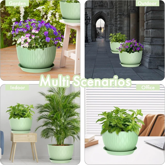 Alt view image 6 of 6 - WSMKSZ 12 Inch Large Plant Pots for Indoor or Outdoor Plants, Wide Water Ripples Flower Pots with Drainage Holes & Saucer, Plastic Planters Set for Garden & Home Decor (Green)