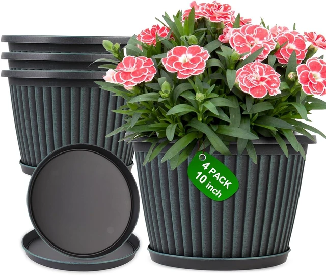 Main image of Planter-Pots-for-Plants-Indoor-Outdoor, 4 Pack 10 Inch Plastic Flower Pots with Saucer & Drainage Holes, Modern Garden Planters for Planting Medium Large PlantsDecorative Resin Garden Pots