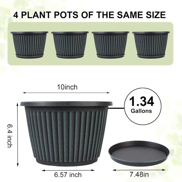 Alt view image 4 of 7 - Planter-Pots-for-Plants-Indoor-Outdoor, 4 Pack 10 Inch Plastic Flower Pots with Saucer & Drainage Holes, Modern Garden Planters for Planting Medium Large PlantsDecorative Resin Garden Pots