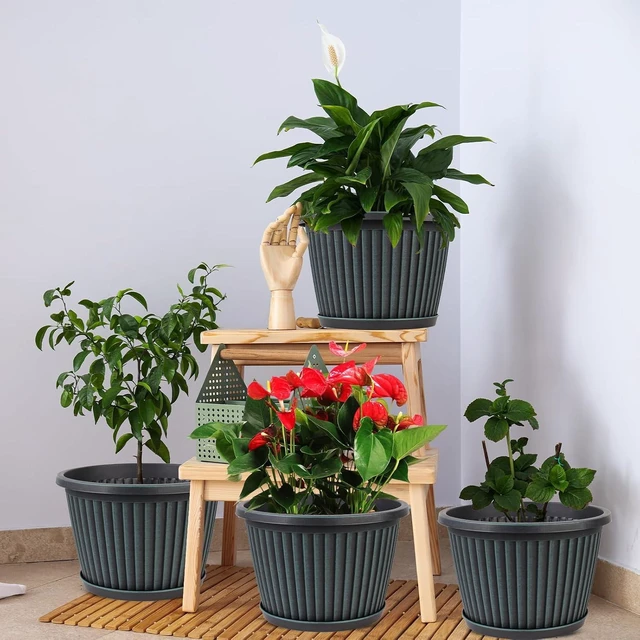 Alt view image 7 of 7 - Planter-Pots-for-Plants-Indoor-Outdoor, 4 Pack 10 Inch Plastic Flower Pots with Saucer & Drainage Holes, Modern Garden Planters for Planting Medium Large PlantsDecorative Resin Garden Pots