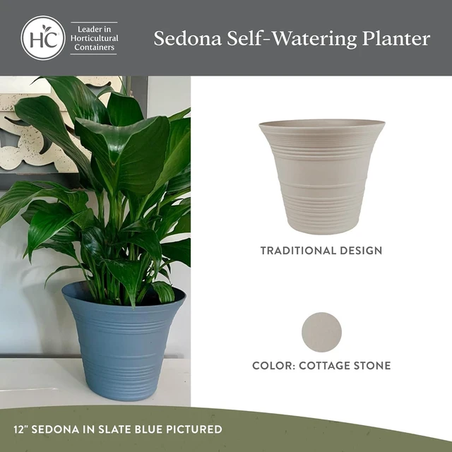 Alt view image 2 of 7 - The HC Companies Sedona Round Self-Watering Pot - Lightweight Self Care Planter - Plastic Planter for Herbs & More - Durable Plant Pots for Indoor & Outdoor Plants (12" Cottage Stone, Pack of 1)