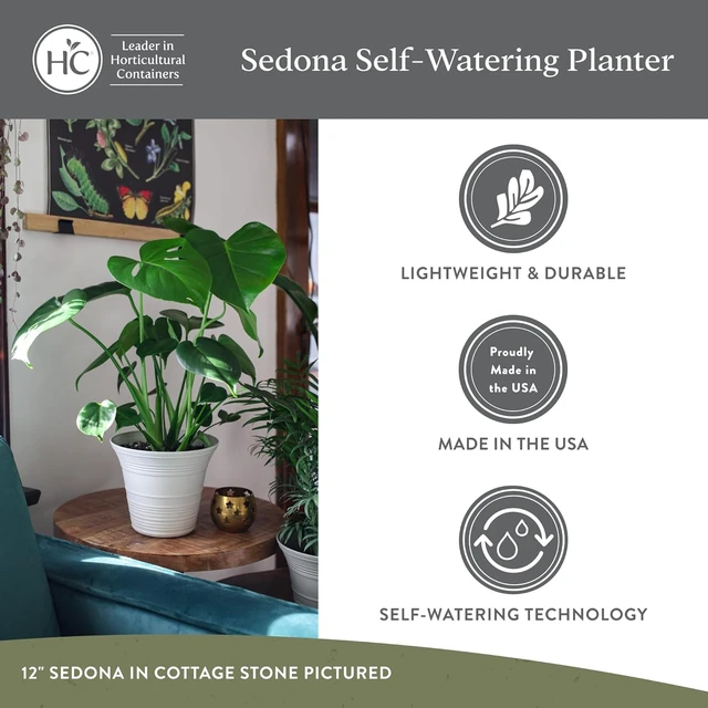 Alt view image 4 of 7 - The HC Companies Sedona Round Self-Watering Pot - Lightweight Self Care Planter - Plastic Planter for Herbs & More - Durable Plant Pots for Indoor & Outdoor Plants (12" Cottage Stone, Pack of 1)