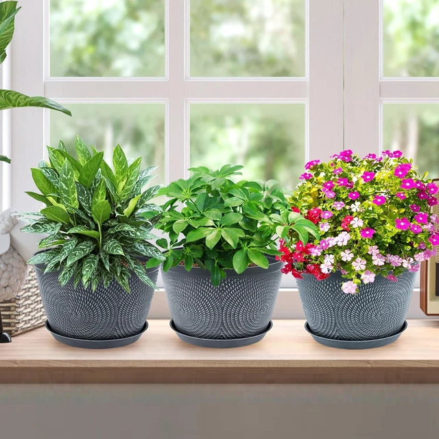 Alt view image 5 of 6 - Flower Pots for Outdoor,Plastic Plant Pots with Drainage Hole & Tray