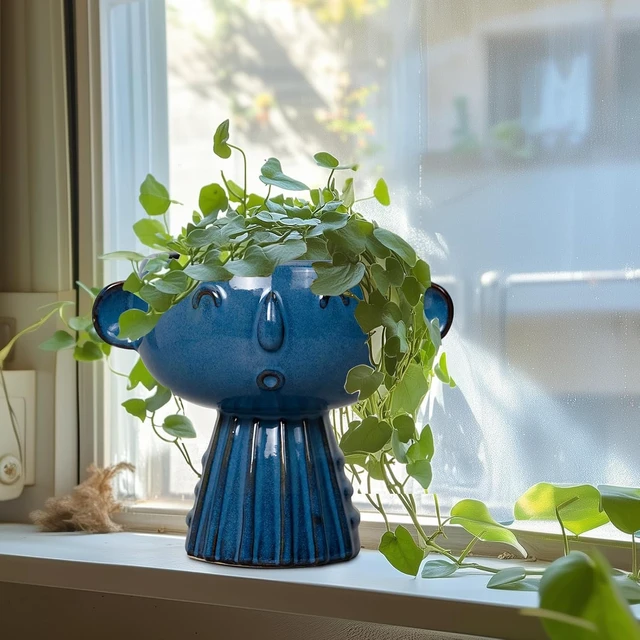 Alt view image 2 of 7 - Head Planter Pot - 7 Inch Cute Face Planter for Indoor Outdoor Plants Ceramic Succulent Pot Round Flower Pot Present for Mother Christmas with Drainage Hole Blue