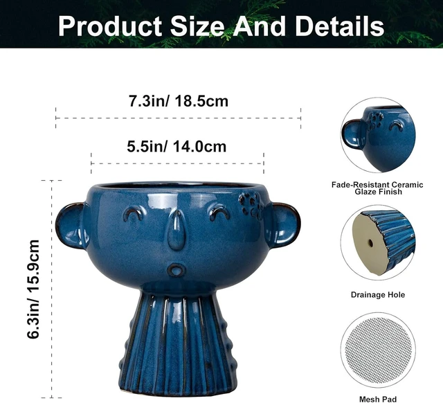 Alt view image 3 of 7 - Head Planter Pot - 7 Inch Cute Face Planter for Indoor Outdoor Plants Ceramic Succulent Pot Round Flower Pot Present for Mother Christmas with Drainage Hole Blue