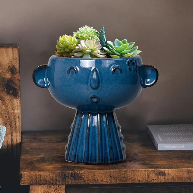 Alt view image 5 of 7 - Head Planter Pot - 7 Inch Cute Face Planter for Indoor Outdoor Plants Ceramic Succulent Pot Round Flower Pot Present for Mother Christmas with Drainage Hole Blue
