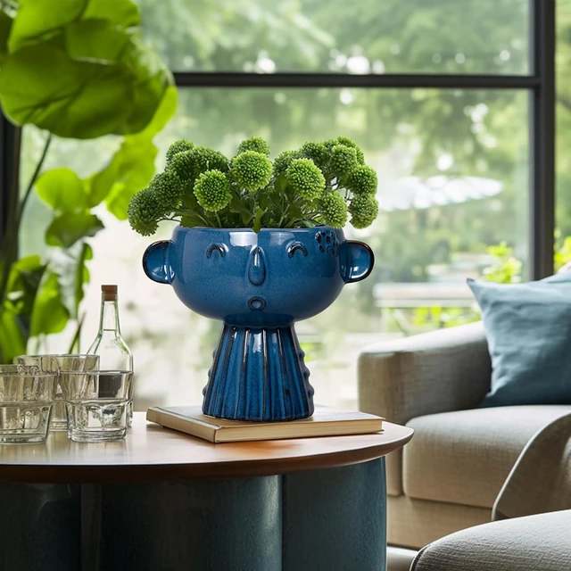 Alt view image 6 of 7 - Head Planter Pot - 7 Inch Cute Face Planter for Indoor Outdoor Plants Ceramic Succulent Pot Round Flower Pot Present for Mother Christmas with Drainage Hole Blue