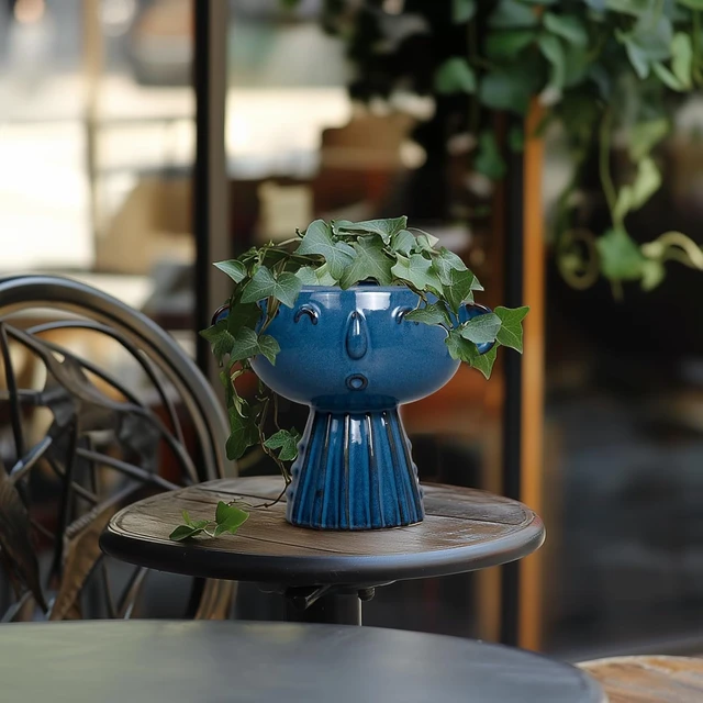 Alt view image 7 of 7 - Head Planter Pot - 7 Inch Cute Face Planter for Indoor Outdoor Plants Ceramic Succulent Pot Round Flower Pot Present for Mother Christmas with Drainage Hole Blue